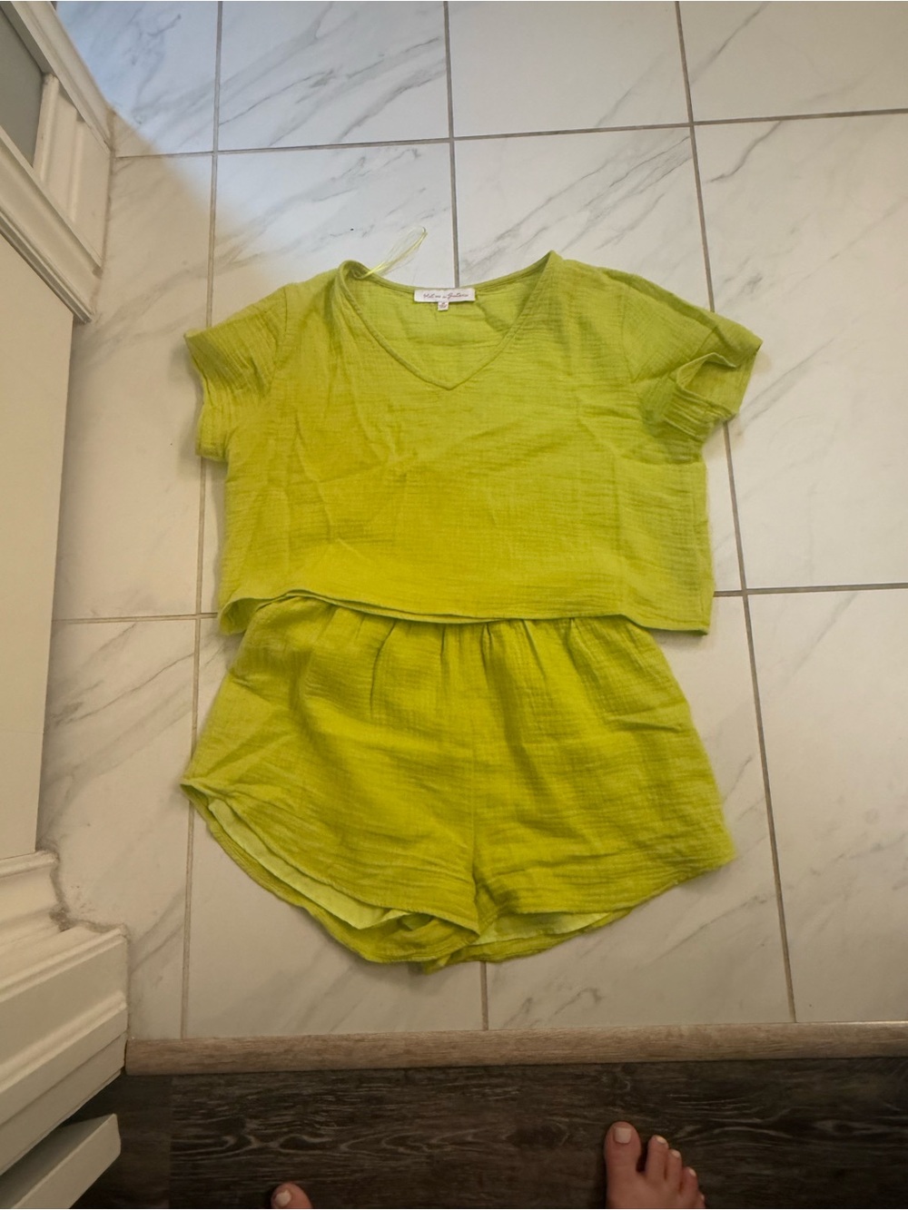 Lime Green Two-Piece Lounge Set - V-Neck Top & Shorts